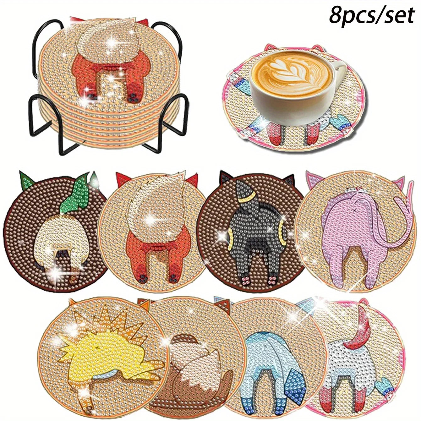 8 pieces/set of dog, beach, lighthouse pattern diamond painted coaster set, sparkling rhinestone heat-resistant beverage mat wit