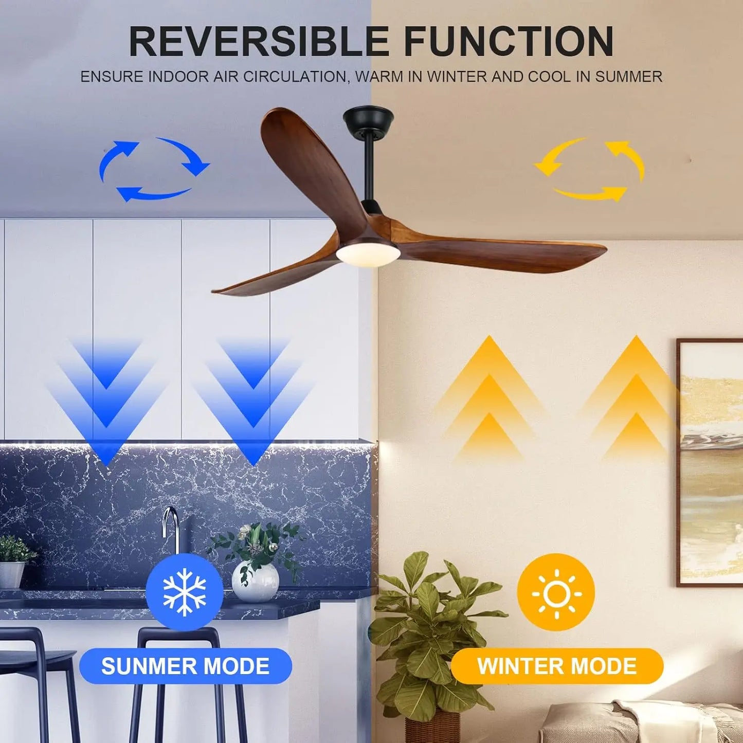 52/60/70-inch Ceiling Fan with Light and Remote 3 Wood Blades High CFM Dimmable LED Noiseless Reversible DC Fans for Bedroom