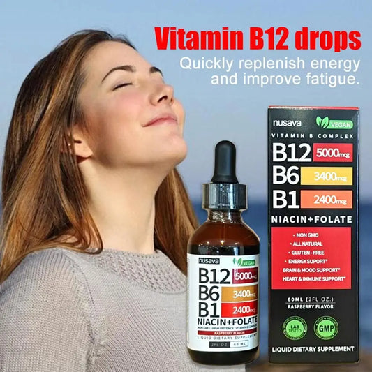 Vitamin B1 B6 B12 Multiple Vitamin B Complex Liquid Drops Raspberry Flavor Vegan Non-GMO Supplement 60ml Per Bottle Daily Supply