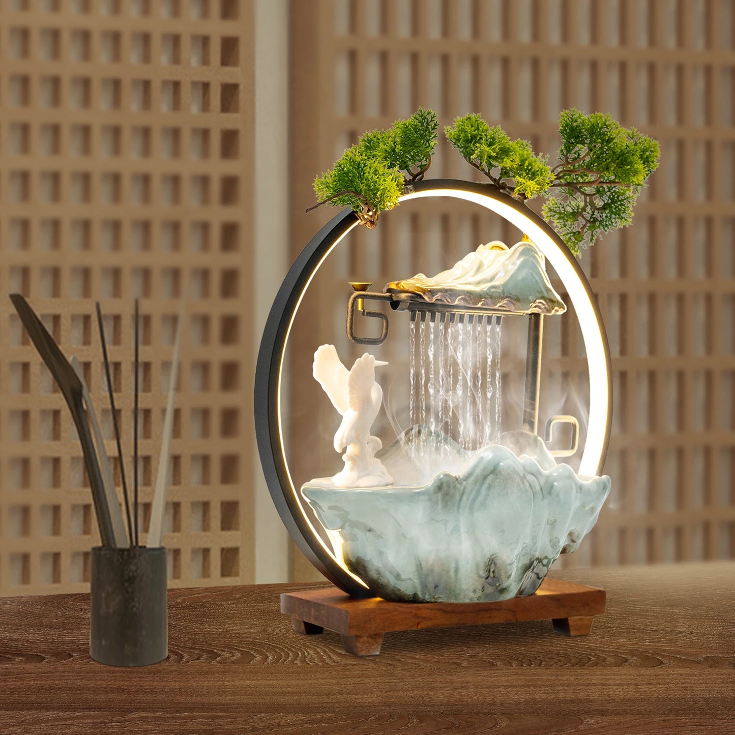 Black Manual Tabletop Water Fountain,Indoor Ceramic Waterfall with LED Light Mist Desk Fountain for Decorative Item