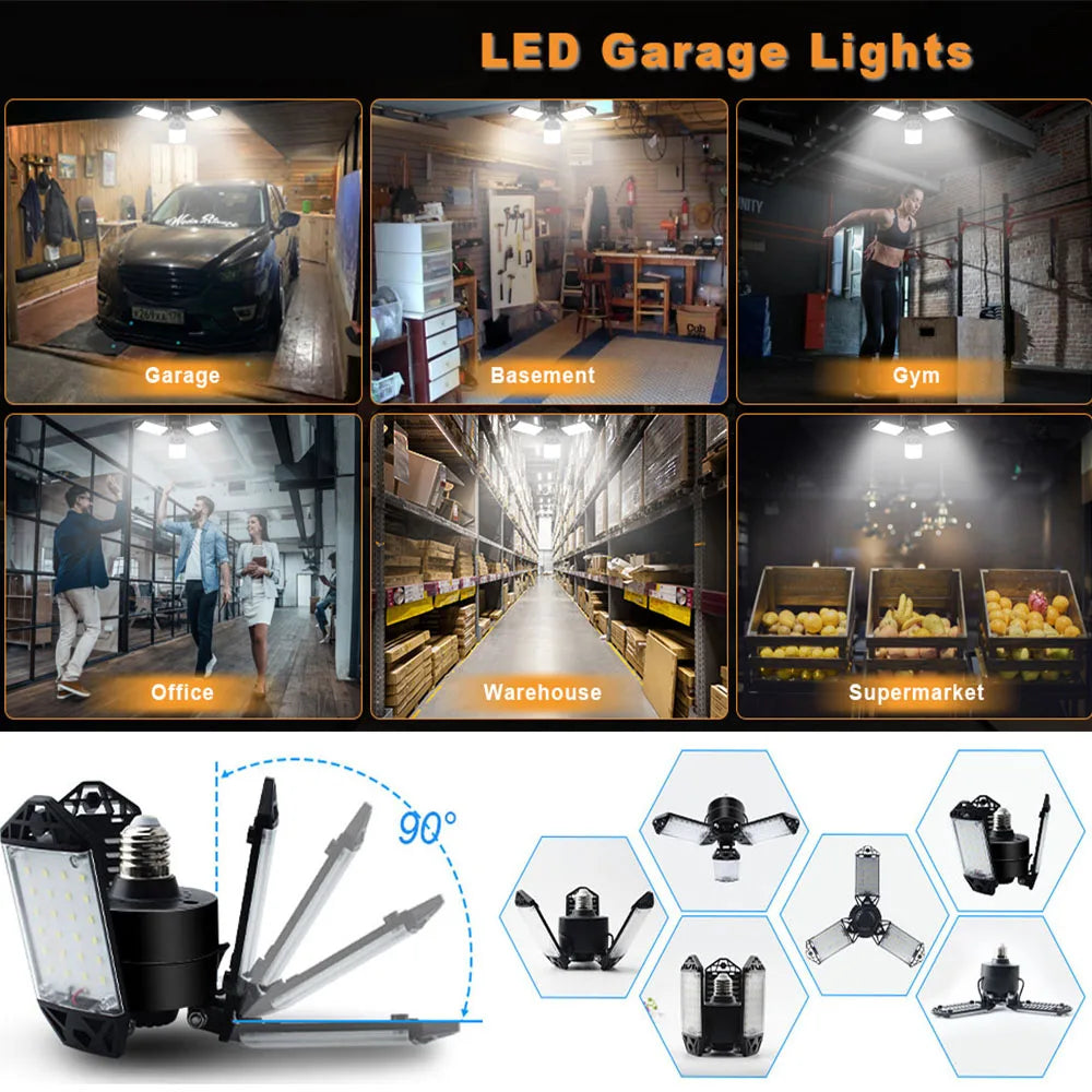 LED Garage Lights with 7/10+1 Adjustable Panels E26/E27 Ceiling Shop Work Lamp 150W 6500K Bulb for Workshop Industrial Lighting