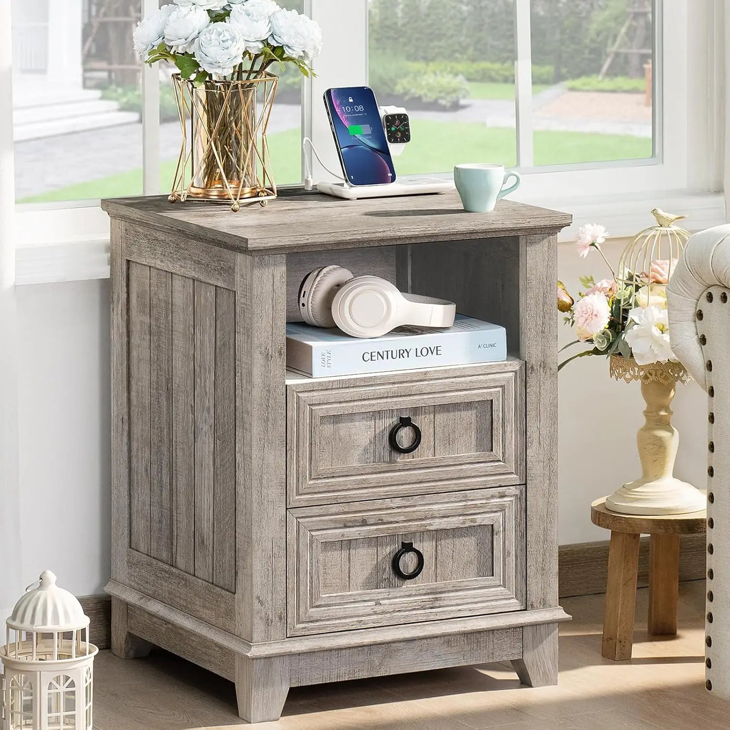 18" Farmhouse Night Stands Set of 2 with Charging Station, 2 Drawers End Table Dresser for Bedroom, Blue Wooden, Customized