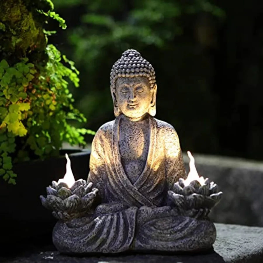 Buddha Statue Zen Sculpture 11.4in Yoga Garden Decor with LED Solar Lotus Lights, Sitting Meditating Buddha Serene Resin Figuri