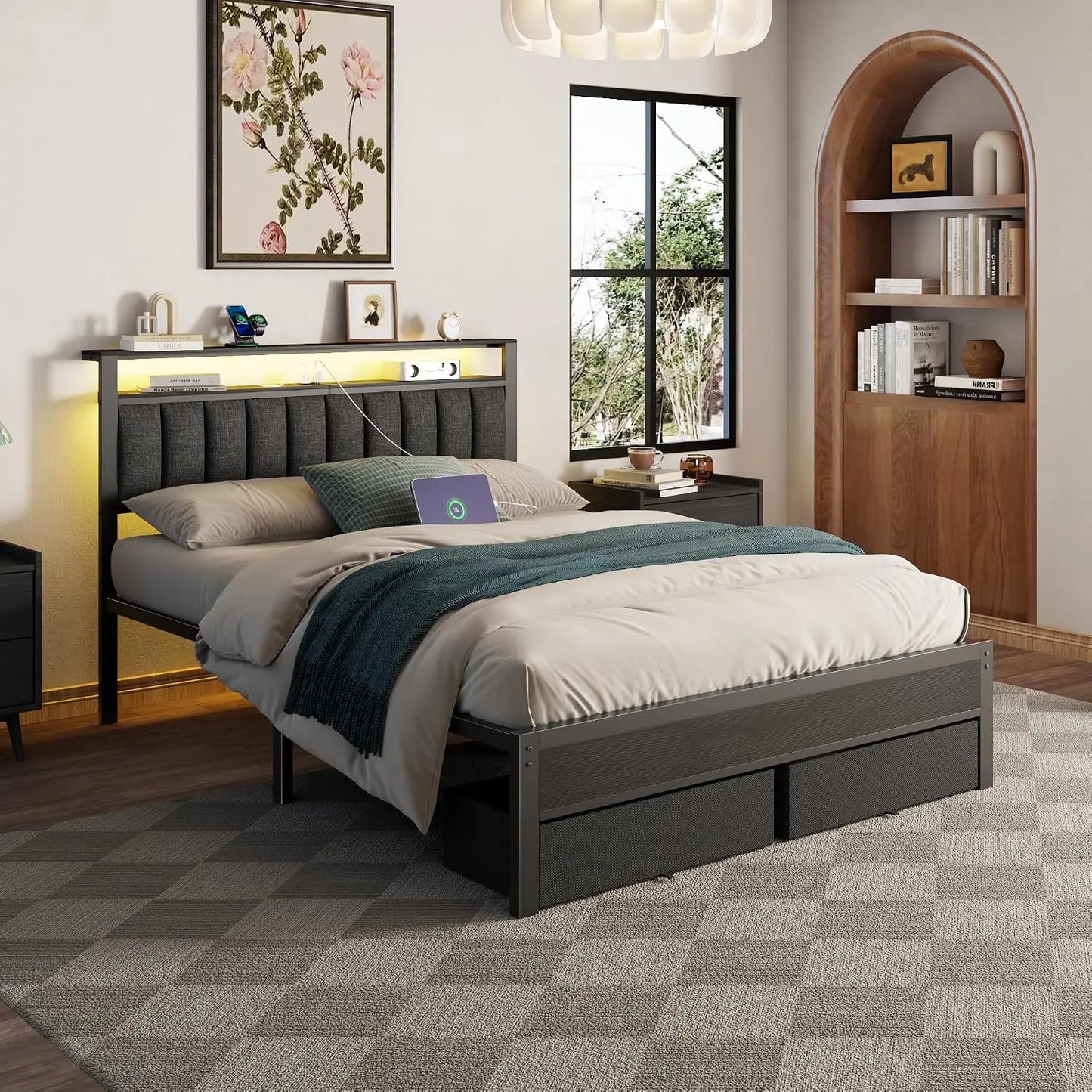 Queen Bed Frame with Charging Station and LED Lights, Grey Upholstered Headboard with Shelves, Metal Platform Bed with 2 Under-Bed Storage (Fabric Drawer on Wheels), No Box Spring Needed