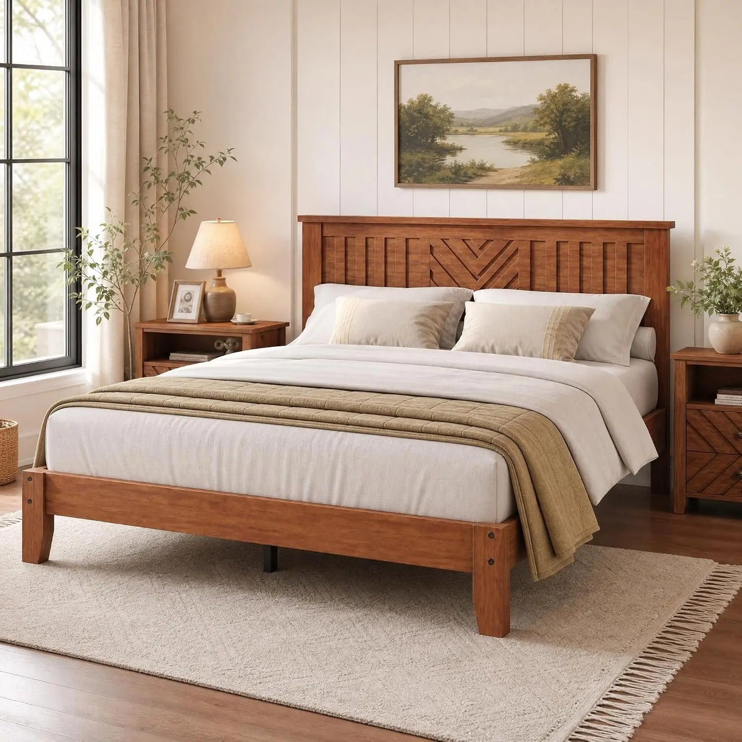 Full Queen King Wooden Platform Bed Frame With V Pattern Headboard, Noise Free Wood Slats, Underbed Storage, No Box Spring Needed
