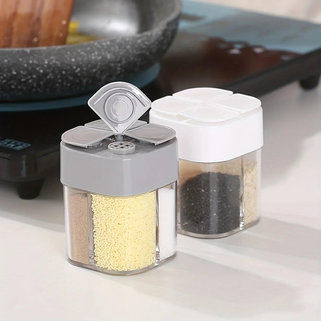 4in1 Camping Spice Shaker Multifunctional Spice Pot with Lid 4 Compartments for Outdoor BBQ Cooking Salt Pepper Storage Box