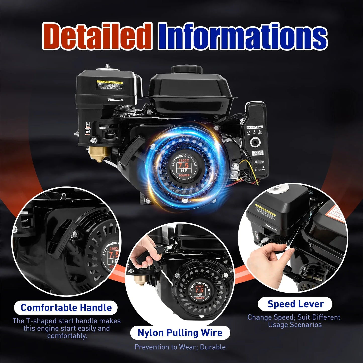7.5HP 4 Stroke Gas Engine Go Kart Motor Engine, 212CC OHV Air Cooled Pullstart Motor Single Cylinder Gas Engine (3600RPM Speed)