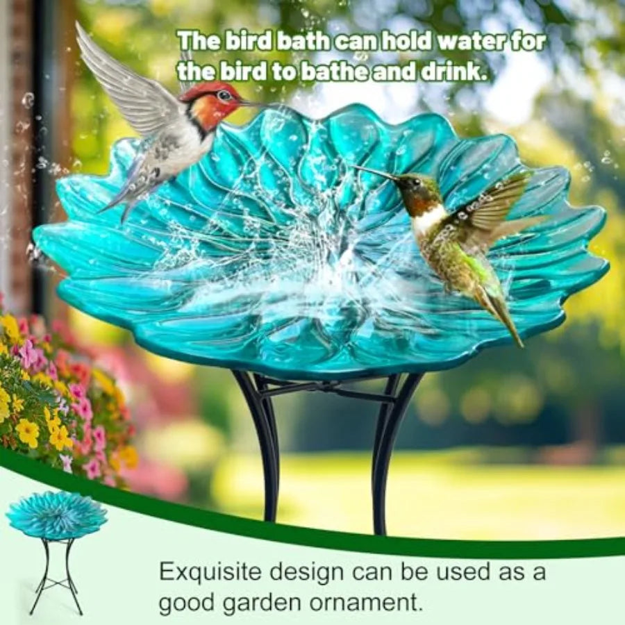 Bird Bath for Outside15" Diameter Large Glass Birdbaths for Outdoors Detachable Bird Baths Bowl with Metal Stand for Garden Pat