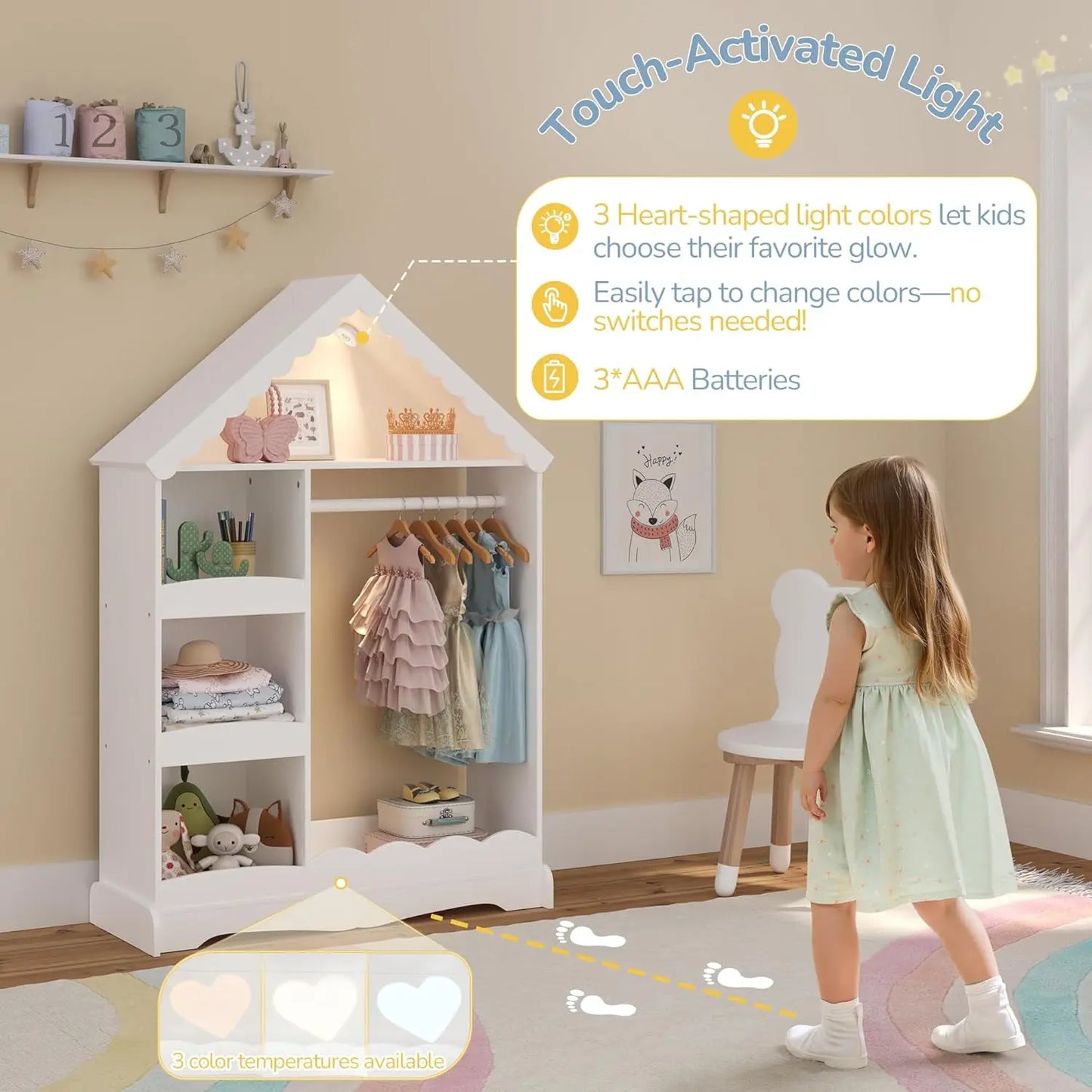 Dollhouse Kids Dress Up Storage with Full-Length Mirror & Touch Activated Light, Open Hanging Kids Wardrobe Closet,