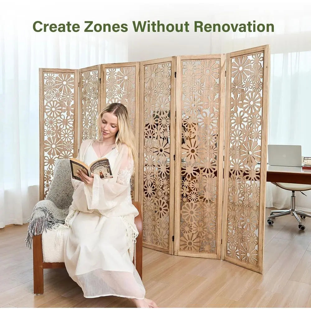 Folding Wood Room Divider Panel, 67 Inch Tall Daisy-Carved Privacy Screen - No-Assembly Required, Decorative Flower Carved Room