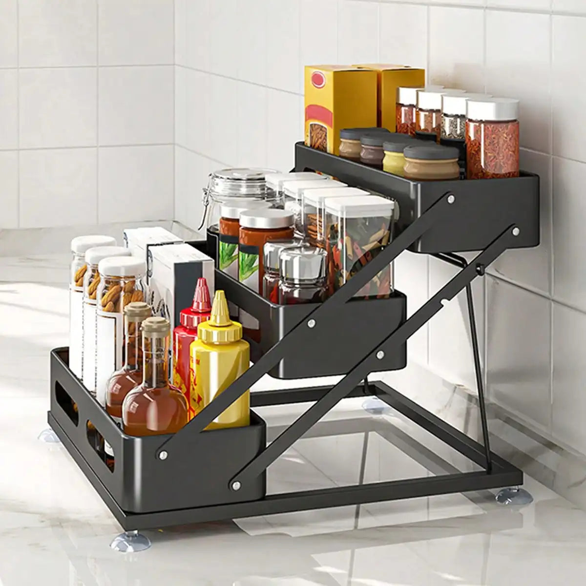 3 Tier Spice Rack Organizer Modern Black Metal Foldable Countertop Seasoning Storage Shelf Space Saving Kitchen Cabinet Organizer Rack With Protection Guardrails For Pantry Dining Table Housewarming Gift