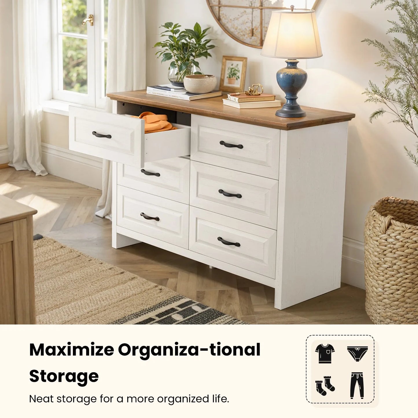 Farmhouse 6 Drawer Dresser for Bedroom, 47.2 Inch Wide Wood Dresser with Natural Texture, Large Drawers, Rustic Farmhouse Chest of Drawers for Bedroom, Living Room, Hallway