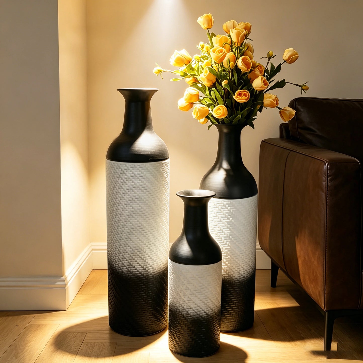 3-Tier Metal Floor Vases Set, Black & White Leaf Pattern Tall Vases, Modern Art Home Decor for Living Room Entryway