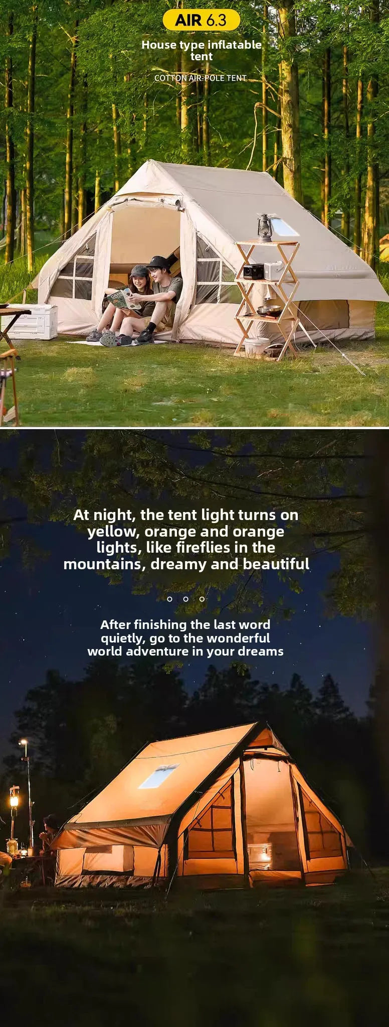 Inflatable tent camping for 1-6 people, hand pump inflation large tent, with skylight and chimney waterproof oxford cloth all