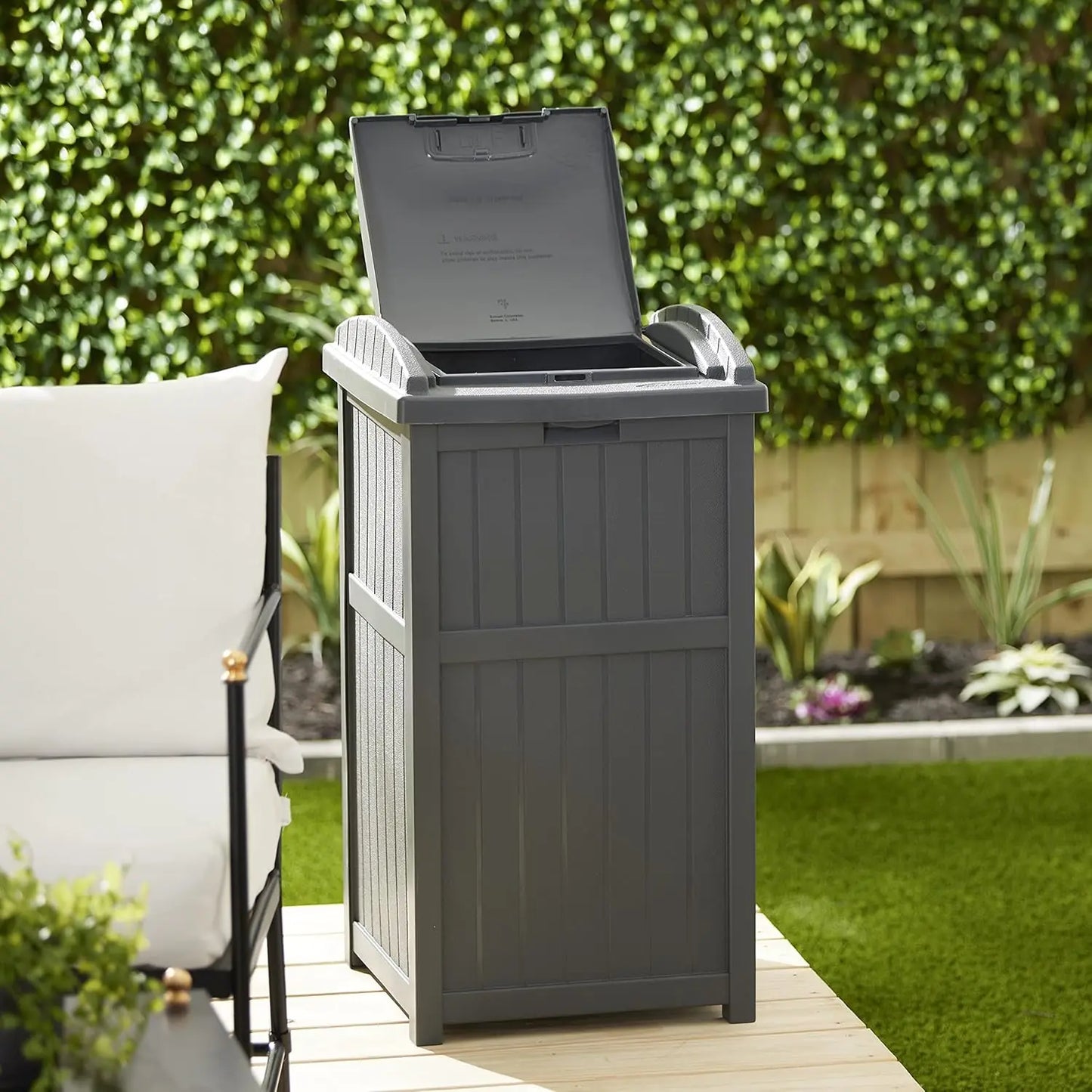 Suncast 30 Gallon Outdoor Trash Hideaway Resin Refuse Container Lid Cyberspace Concealed Waste Storage Patio Backyard Garden