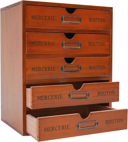 Vintage Wooden 5-Drawer Desktop Organizer with Iron Label Holders Brown For Storing Cosmetics Files Books Letters Papers