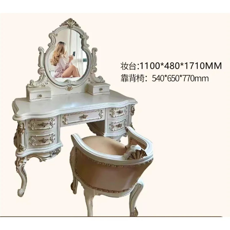 European dresser solid wood carving flower princess bedroom dressing table assembly dark retro American dressing table small apa