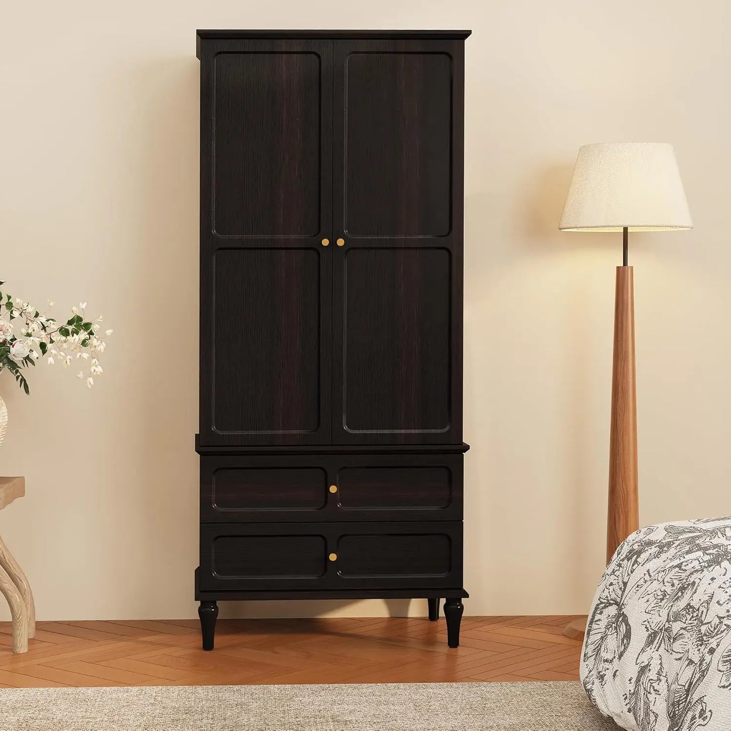 71" Mid-Century Armoire Wardrobe Closet Doors Drawers Wood Hanging Rod Bedroom Large Storage Custom