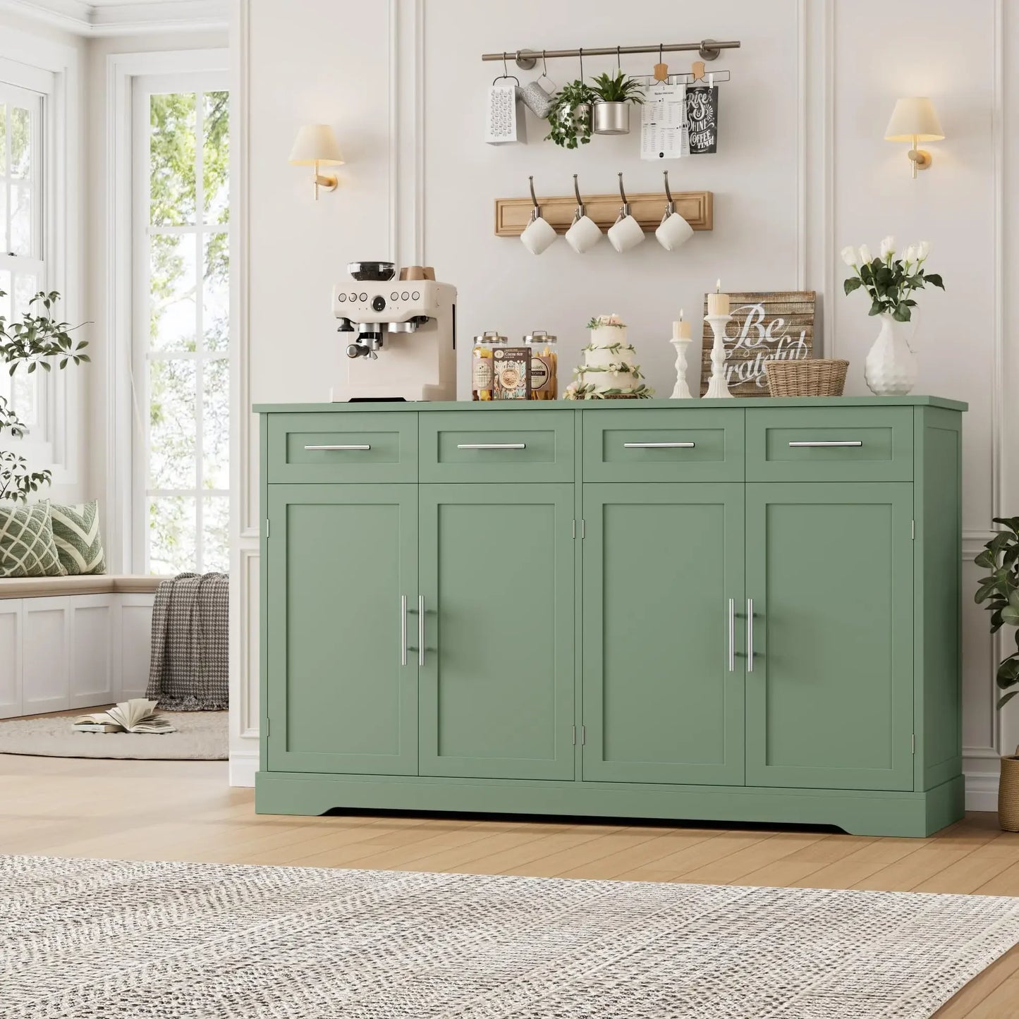 HOSTACK 60" Large Buffet Sideboard with Storage, 36" Tall Kitchen Buffet Storage Cabinet with 4 Drawers, Modern Coffee Bar