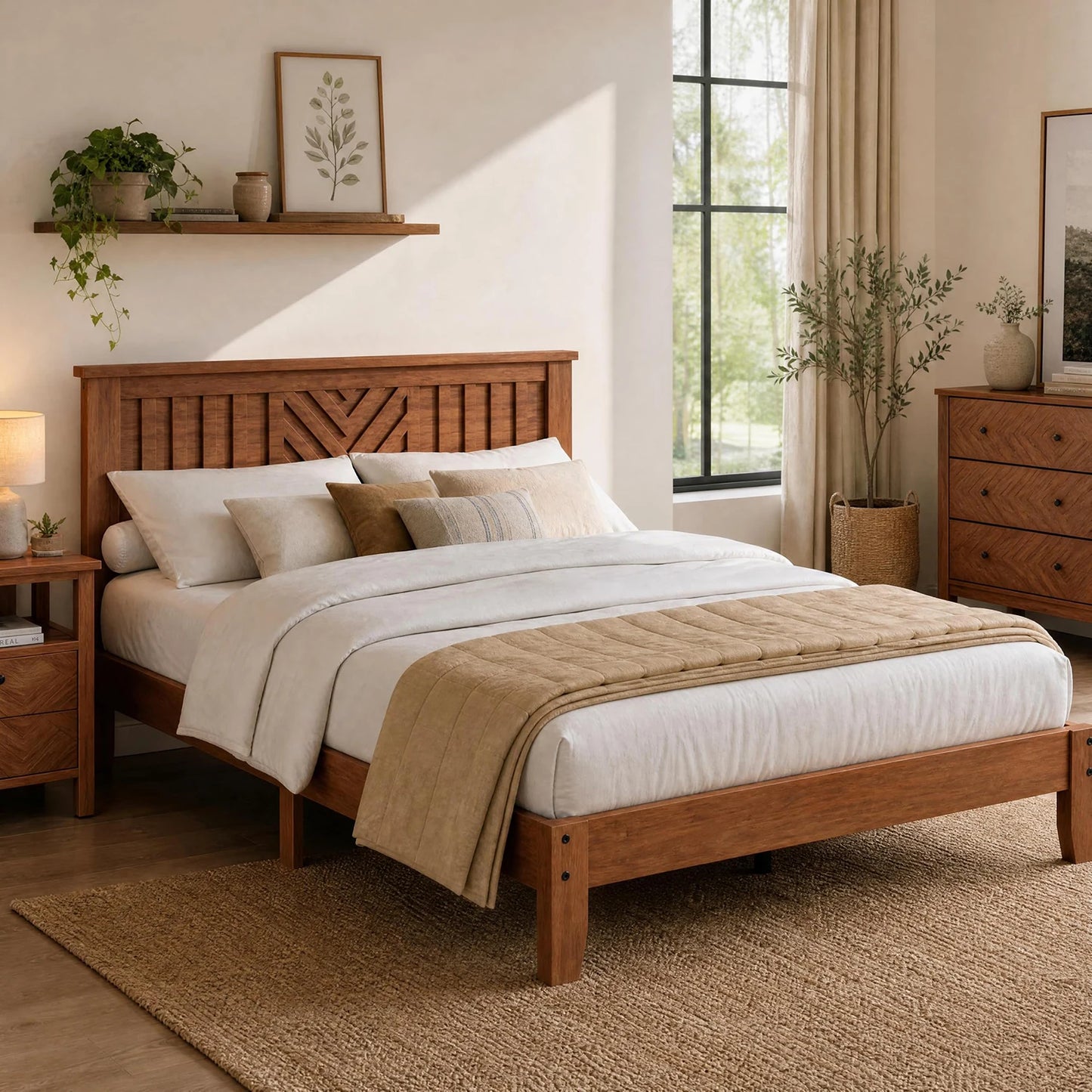 Modern Wooden Platform Bed Frame Featuring Curved Headboard Storage