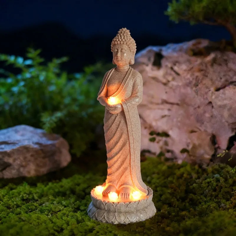 Buddha Figurines, Chinese-style Zen Garden Statues Solar-powered Garden Lights Horticultural Landscape Decorations Resin