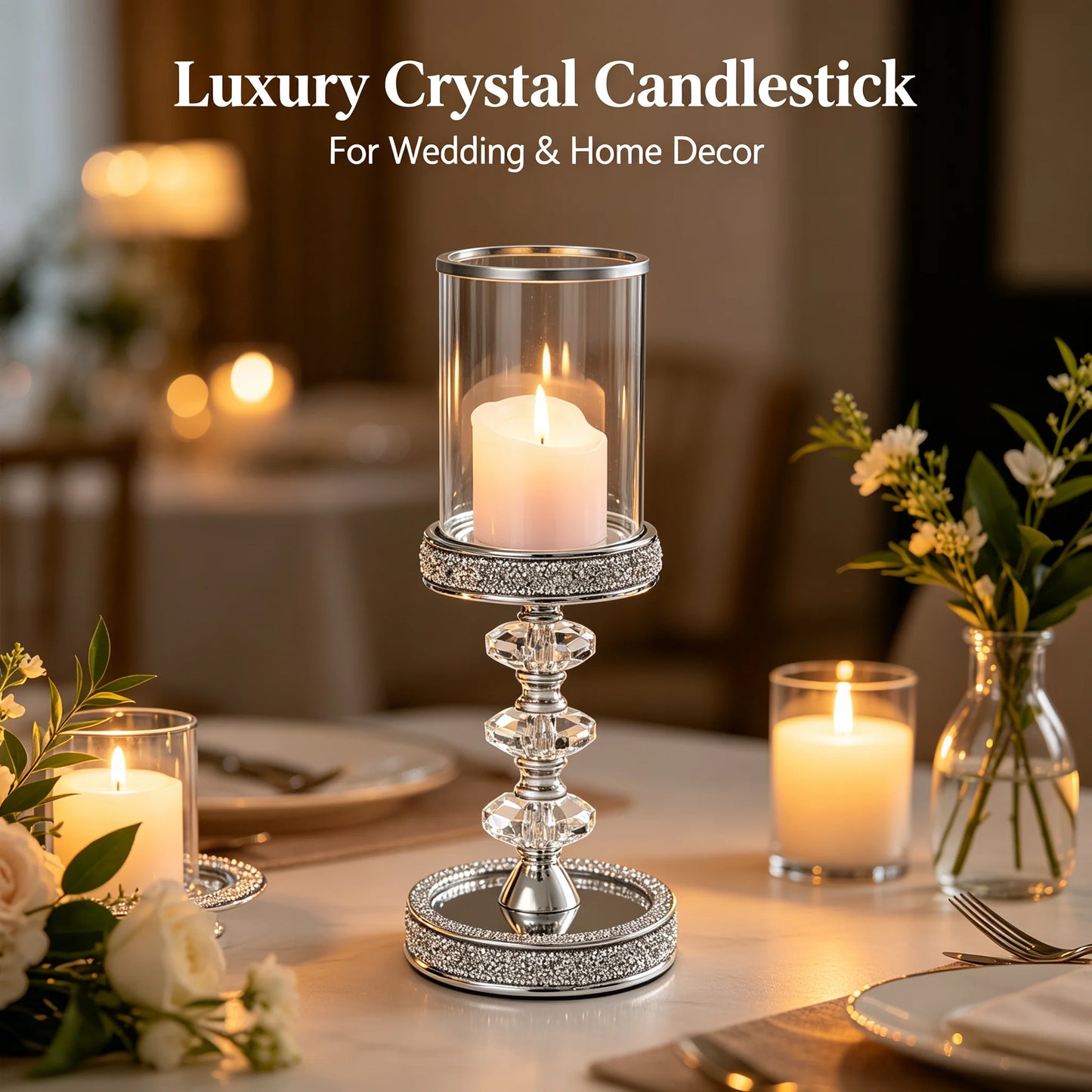 Crystal Candle Holder with Windproof Glass Cover, Hexagon Crystal Ball Candlestick with Anti-Tip Magnet Base, Tabletop Centerpiece Decor for Home Wedding Party, Silver/Clear