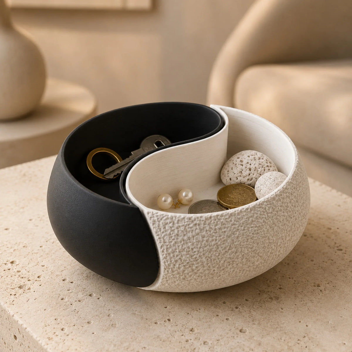 3D Printed Black & White Yin-Yang Storage Bowl, Double Compartment Jewelry Tray & Key Holder, Modern Zen Decor, For Desk, Booksh