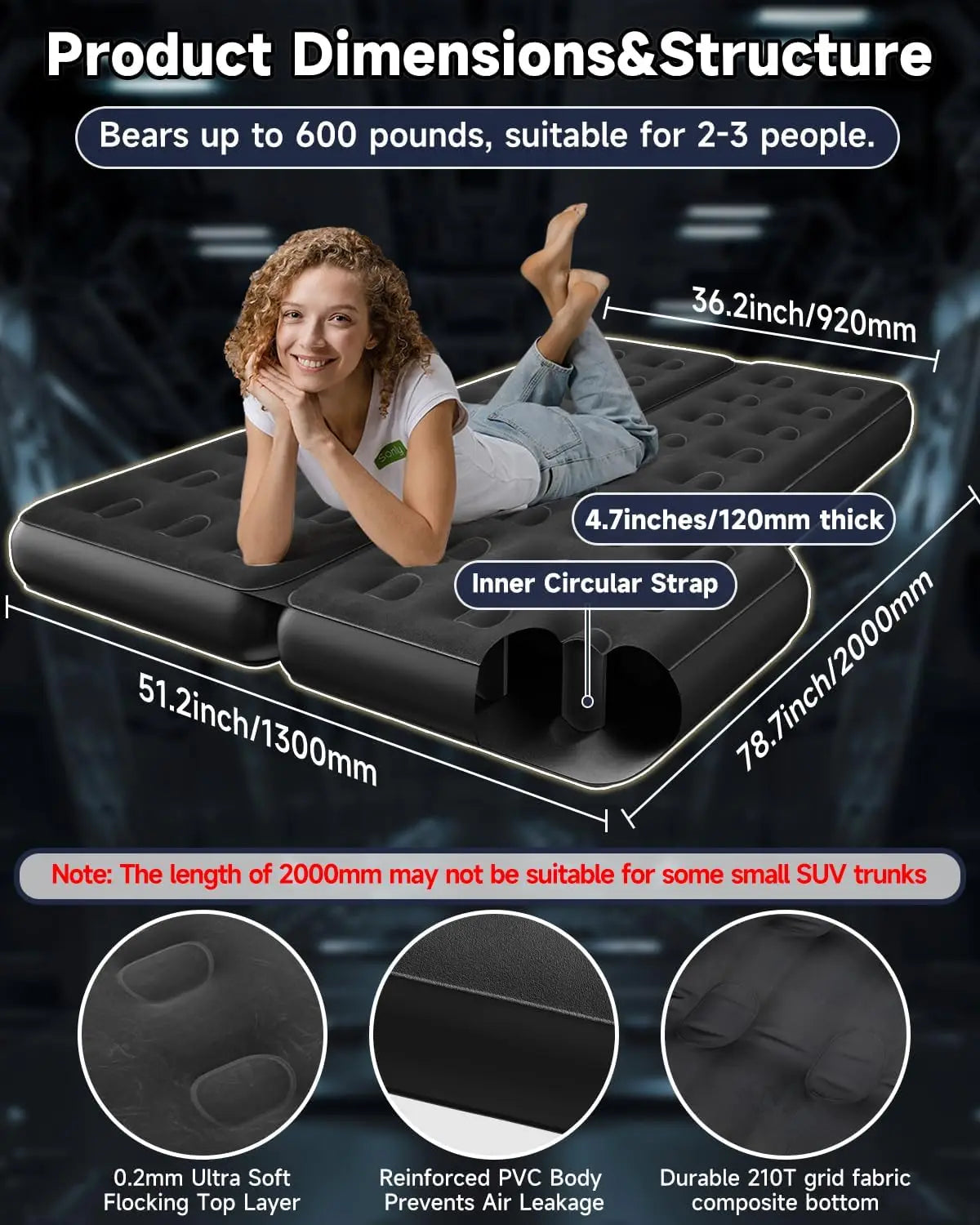 Umbrauto 78.7" SUV Air Mattress Fits Mid & Full Size SUVs (Not for Compact SUVs), Inflatable Car Bed for Back Seat with Rear Seats Folded| Extended Airbed for Minivans Cargo Area Camping
