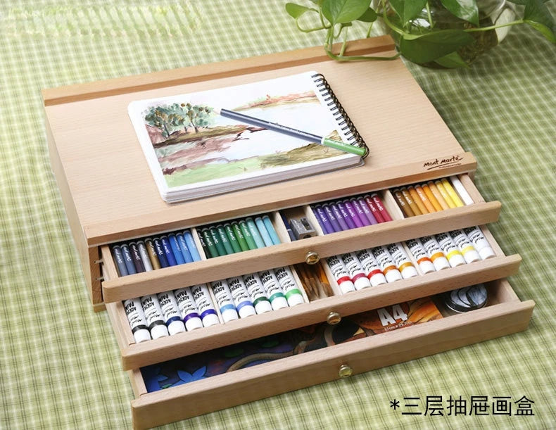40.9x25.9cm Desktop Easel Wooden Storage Painting Box 3-layer Drawer Portable Oil Painting Box Sketch Pencil Tool Box