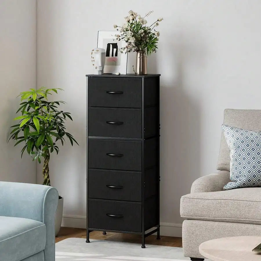 Sweetcrispy 5 Drawer Dresser With Fabric Bins, Sturdy Steel Frame And Wood Top, Storage Organizer Chest For Bedroom, Closet, Hallway, Black