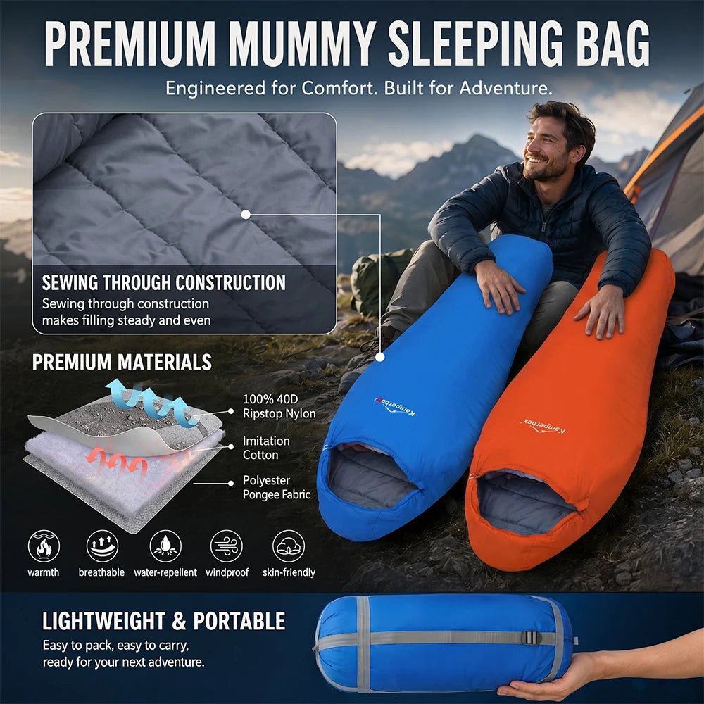 Kamperbox SY011 Sleeping Bag 40D Ripstop Nylon Shell Synthetic Fiber Fill Lightweight Portable Camping Sleeping Bag for Adults
