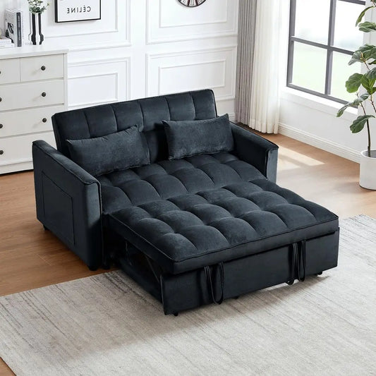 Convertible Sleeper Sofa Bed, 54 Full Size Velvet Pull Out Couch Recliner with Reclining Backrest & 2 Pillows, Ideal for Small S