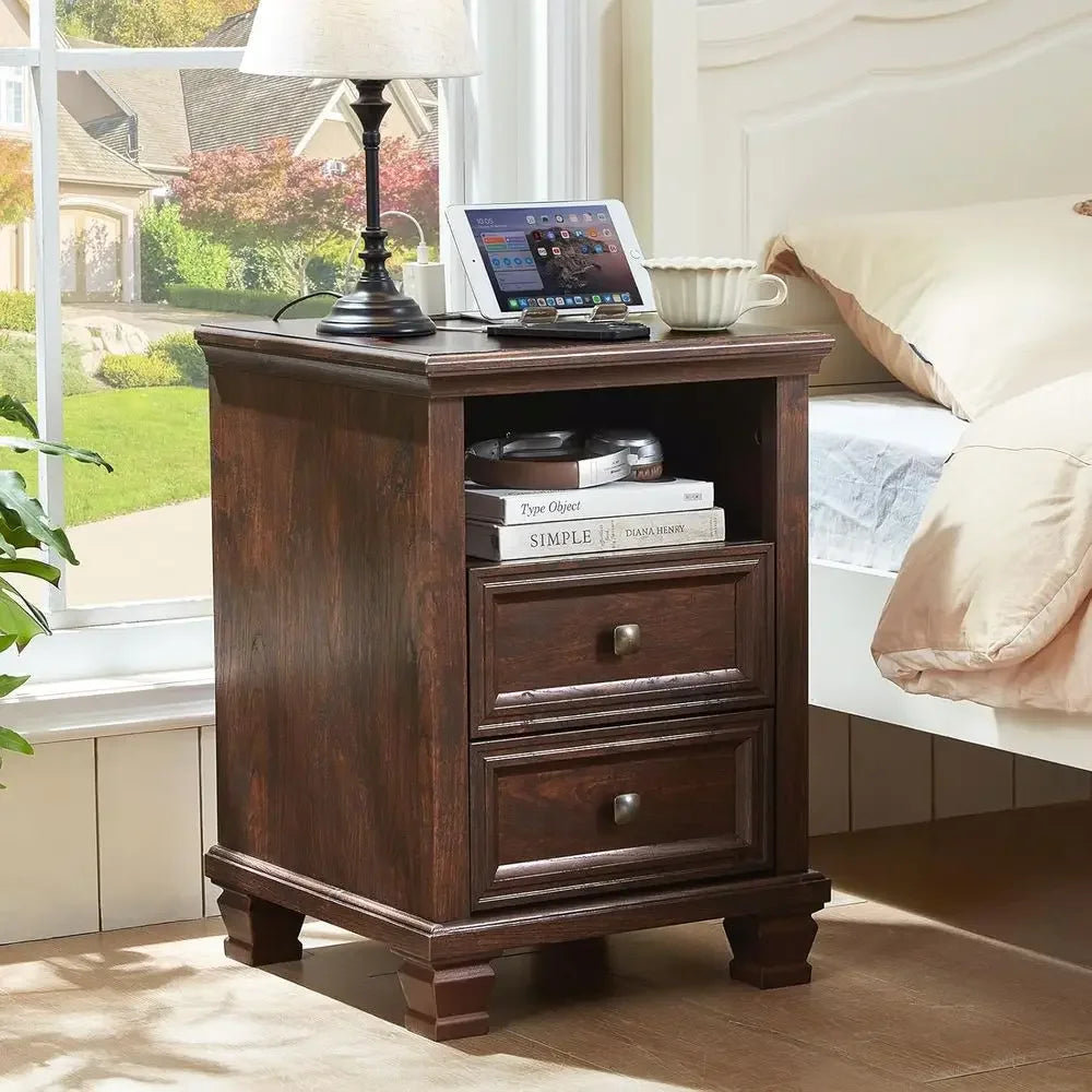 armhouse Nightstand Set o 2 with Charging Station, Rustic Brown Nightstand, 2 Ders End Table, Bede Table with Open Shel or Bedro