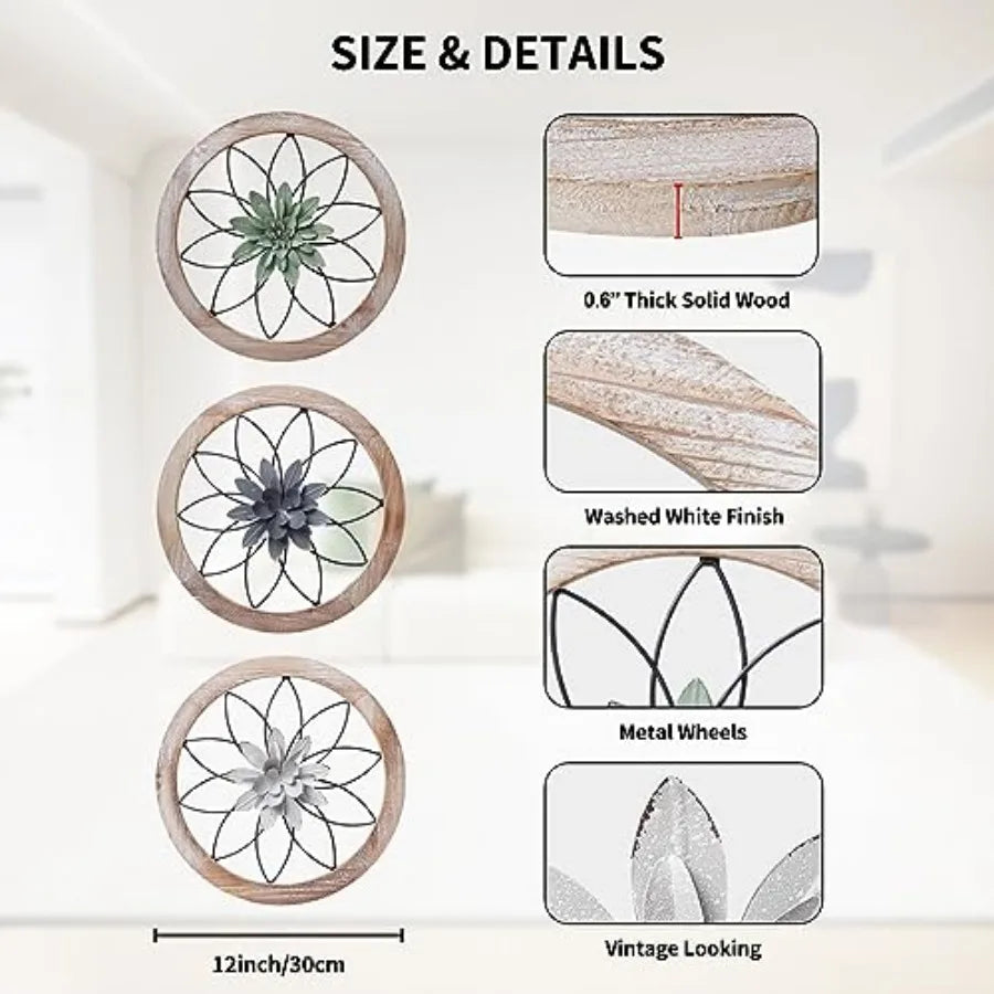 3 Pcs Round Farmhouse Wall Decor with 6 Pcs Interchangeable Flowers 12'' Medallion Wood and Metal Rustic Wall Art for Living Ro