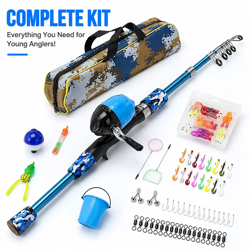 youth Fishing Pole Set with Full Starter Kit - Portable Telescopic Fishing Rod & Reel with Spinning Mechanism,All Necessary Accessories (Hooks, Sinkers, Swivels,) Ideal for Lakes, Ponds, Beach