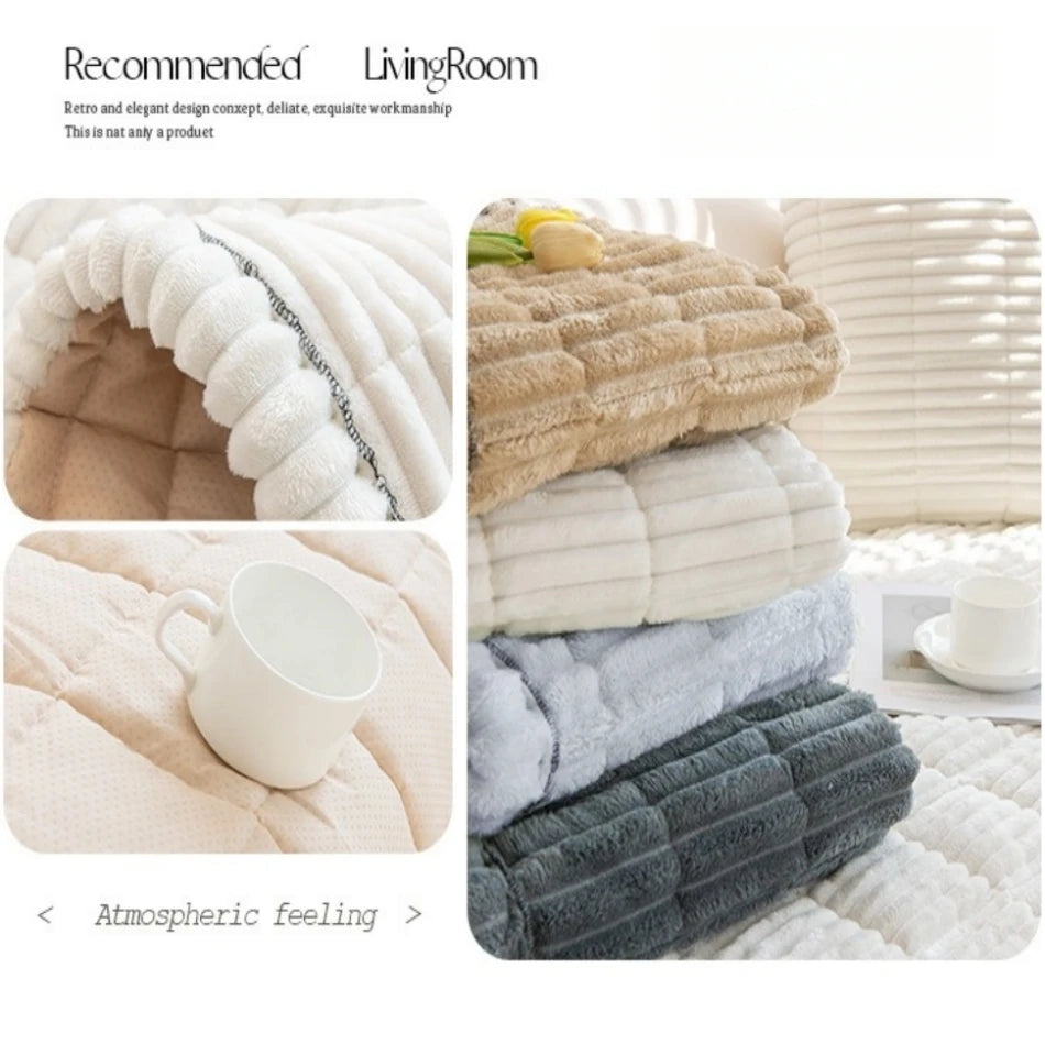 Thicken Quilting Warm Stripe Flannel Sofa Pad, for Winter Living Room Sofa Towel Multiuse Sofa Cover Slipcover