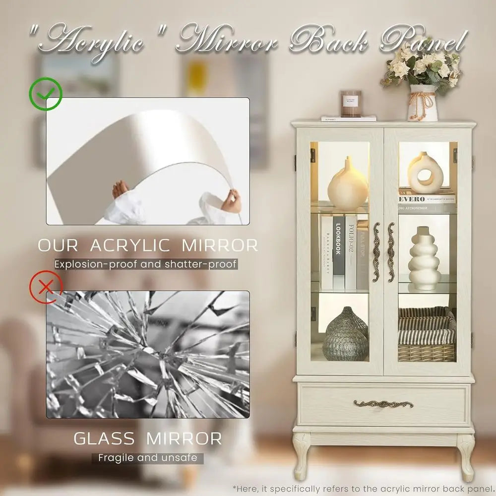 3-Tier Antique White Curio Cabinet with Lighted Glass Shelves and Acrylic Panel