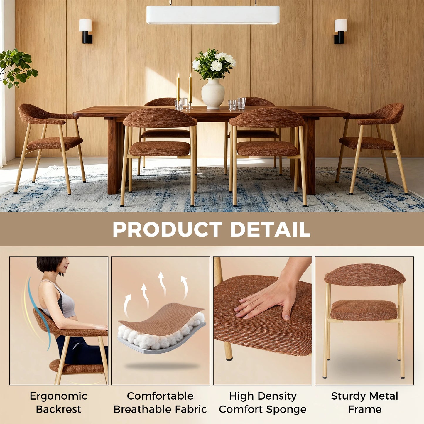 MCQ Ergonomic Backrest Office Chair Set of 2 Modern Linen Fabric Upholstered Side Chairs with Curved Backrest Metal Frame Chairs