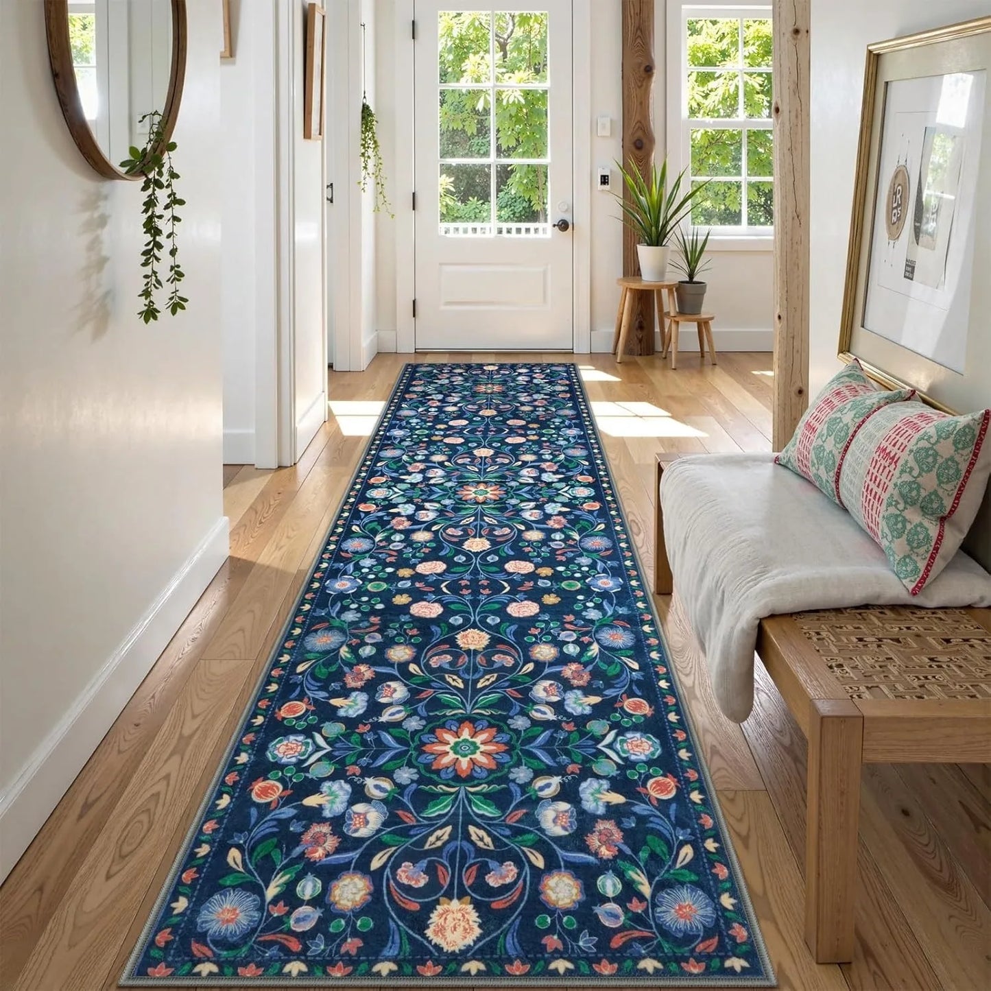 Hallway Runner rug Kitchen Carpet Non-slip Bohemian Washable Floral mat Soft Low Pile Entrance Floor Mat Laundry Room Bath Mats