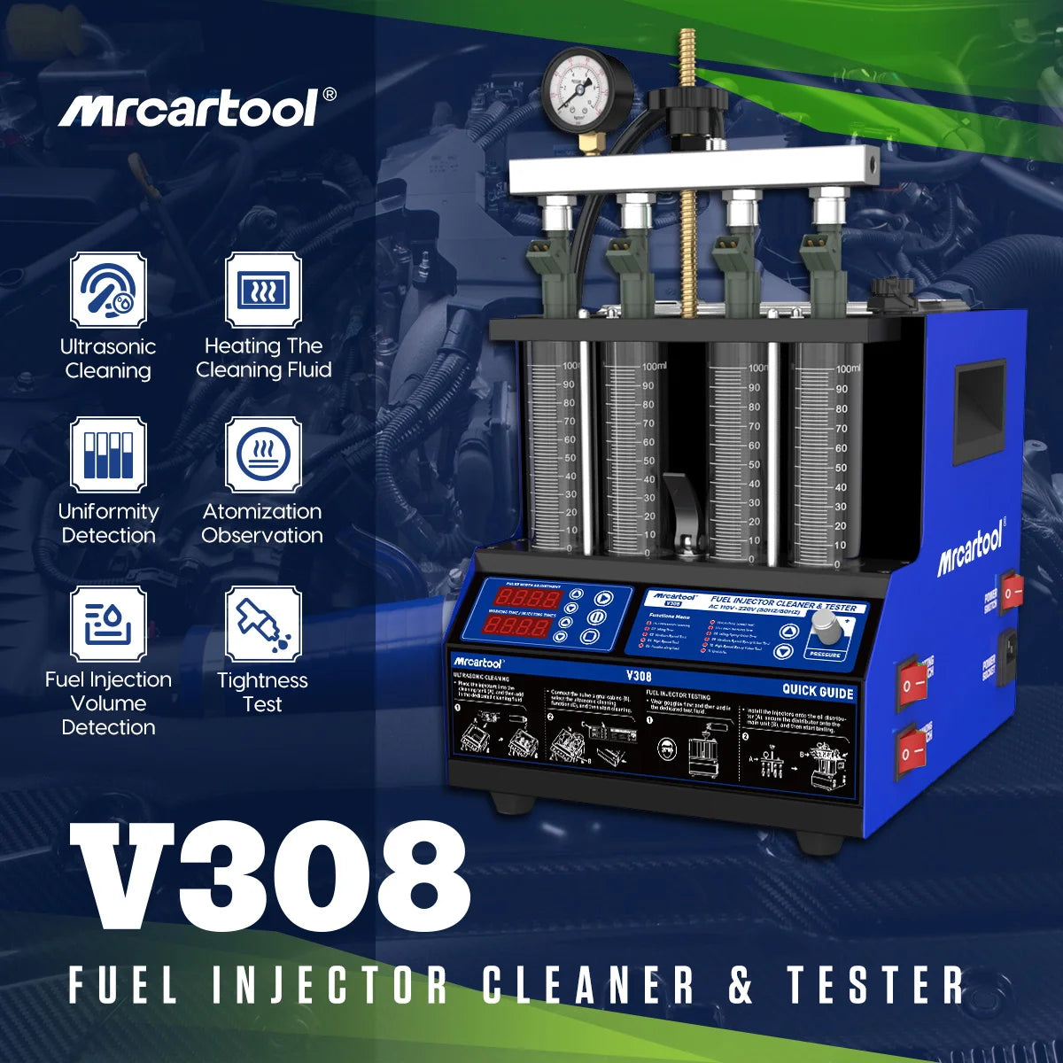 MR CARTOOL V308 4 Cylinders Ultrasonic Cleaning Car Fuel Injector Cleaner&Tester Fuel Injector Cleaner Tester 220V/110V