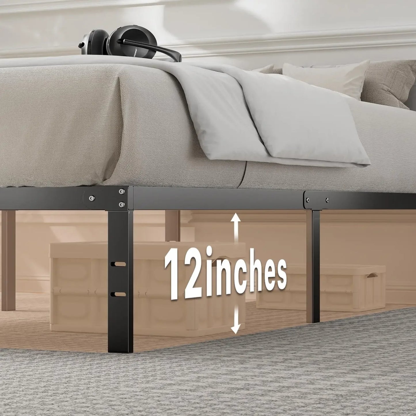 Heavy Duty Metal Bed Frame 14 Inch Platform Bed Base with Under Bed Storage Sturdy Steel Slat Support No Box Spring Needed Noise Free Mattress Foundation Easy Assembly Iron Bedroom Furniture