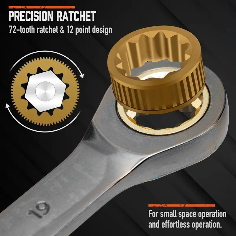 Fixed Head Ratchet Wrench Set, High-Quality Chrome Vanadium Steel Material, 72-Tooth Flexible Ratchet, 180 ° Mobile Head, Rust-Resistant Chrome Plated, Suitable for Car Repair, Home Repair, and Mechanical Maintenance.