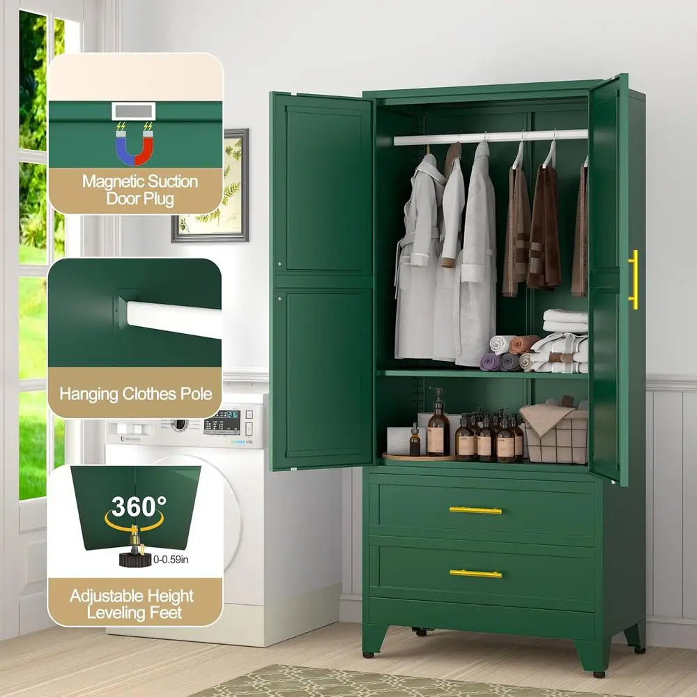 Green Metal Wardrobe Cabinet with Hanging Rod, 2 Doors, Adjustable Shelf, Drawers for Bedroom, Closet, and Storage
