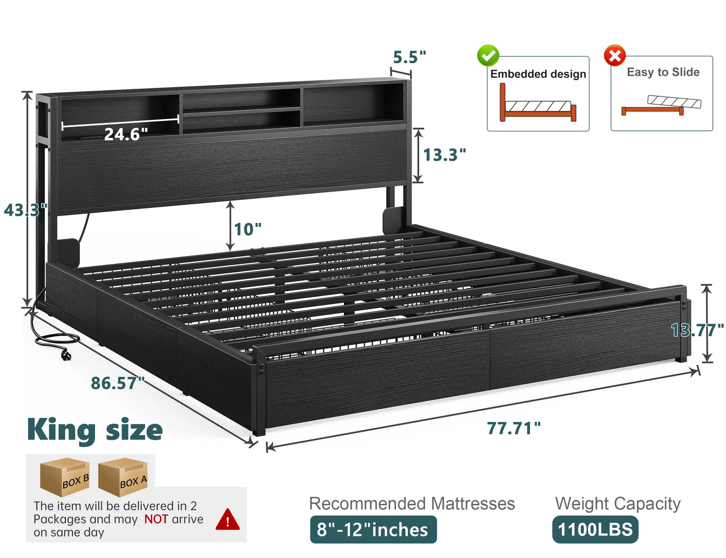 EnHomee Full/Queen/King Bed Frame with 6 Storage Drawers & Charging Station Metal Platform Bed Frame with Bookcase Headboard,No Noise