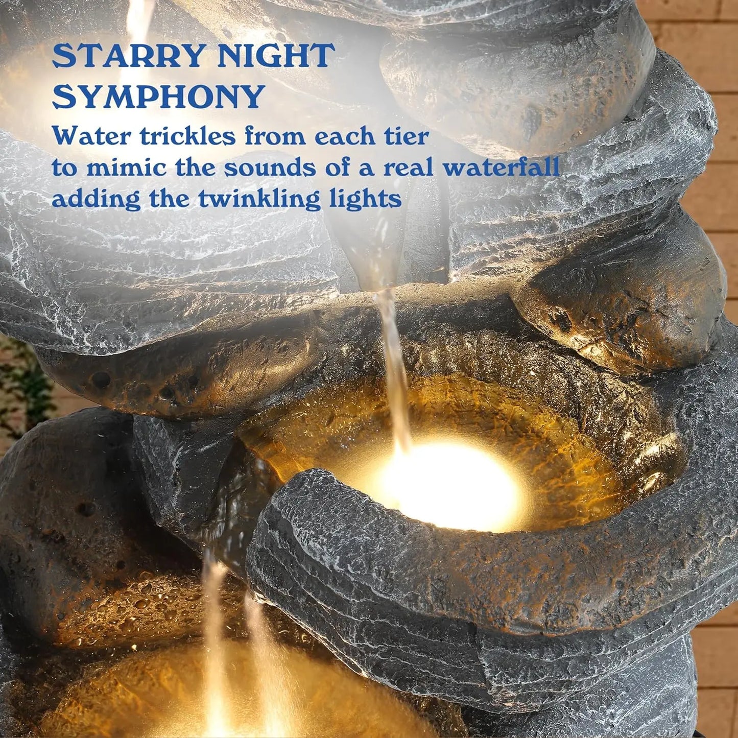5-Tiers Cascading Rock Water Fountain Outdoor - Waterfalls Fountains with LED Lights, Outdoor/Indoor Resin Water Feature Fountai