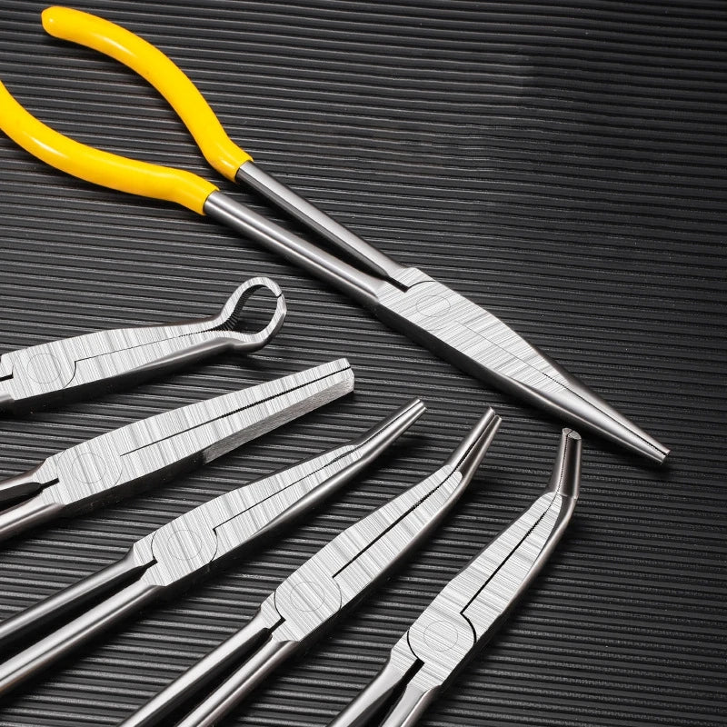11" Long Nose Pliers Straight Bent Tip Nose Plug Cable Puller Long Needle Nose Pliers Wire Cutter Hose Spanner Clips Hand Tools