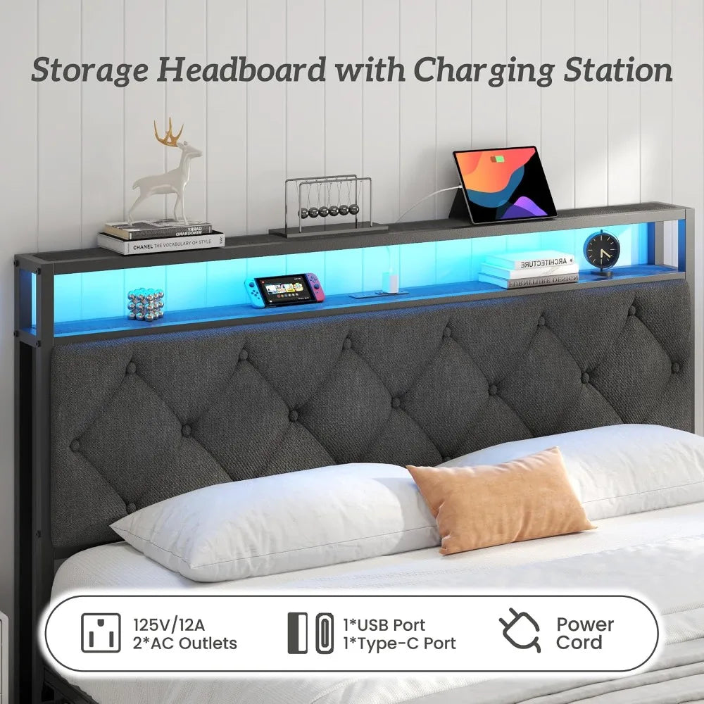 Modern Upholstered Bed Frame With Integrated Led Charging Port