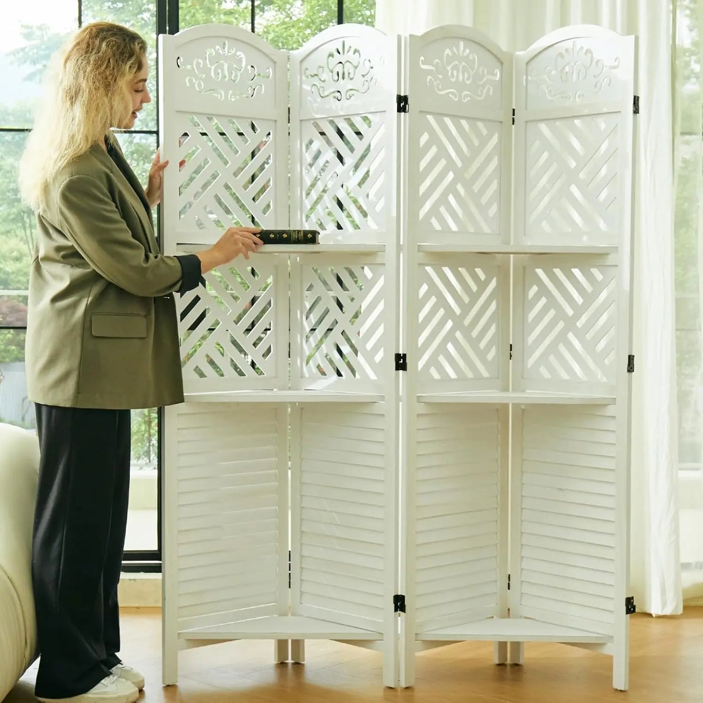 Partition Room Dividers, 67 * 51inch Folding Wood Privacy Screen with Three Display Shelves Suitable for Home, Customized