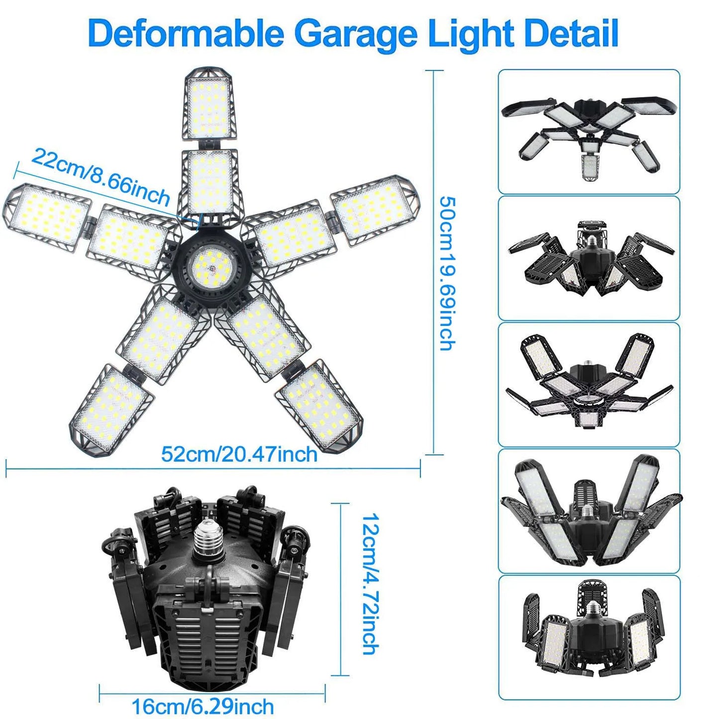 LED Garage Lights with 7/10+1 Adjustable Panels E26/E27 Ceiling Shop Work Lamp 150W 6500K Bulb for Workshop Industrial Lighting