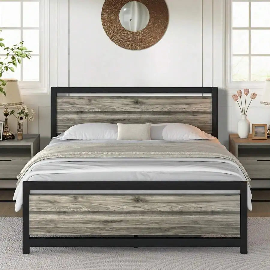 Bed Frame With Headboard, Farmhouse Bed Frame With Wooden Headboard, Heavy Duty Metal Bed Frame, No Box Spring Needed, Noise-Free, Esay Assembly, Bedroom Furniture,Twin/ Full/ Queen, Black/ Gray/ White/ Brown